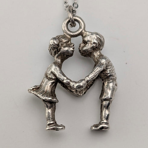 Vintage Boy & Girl Silver Charm Pendant with Pure Silver Necklace Total 6.2g